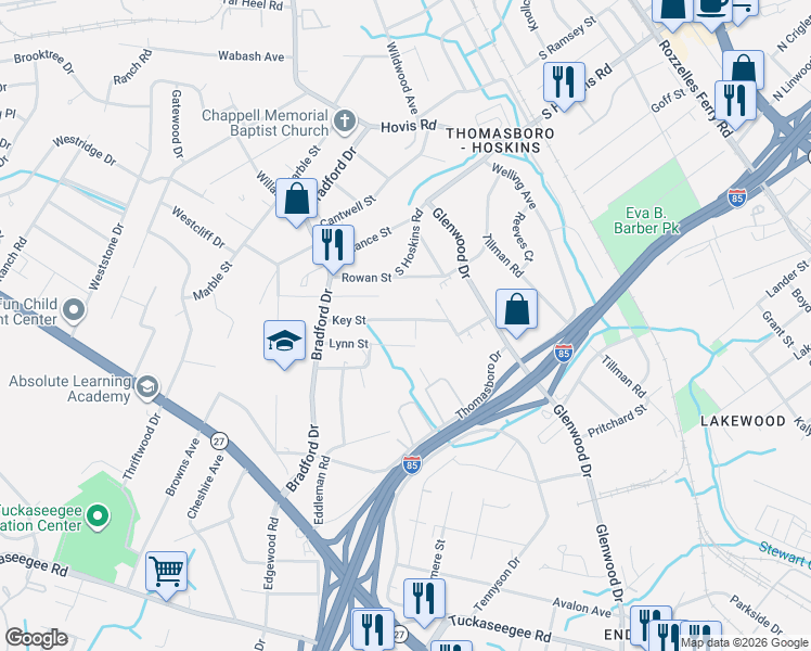 map of restaurants, bars, coffee shops, grocery stores, and more near 723 Key Street in Charlotte