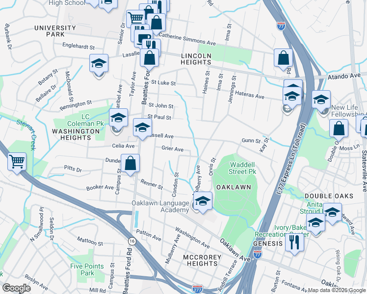 map of restaurants, bars, coffee shops, grocery stores, and more near 1904 Grier Avenue in Charlotte