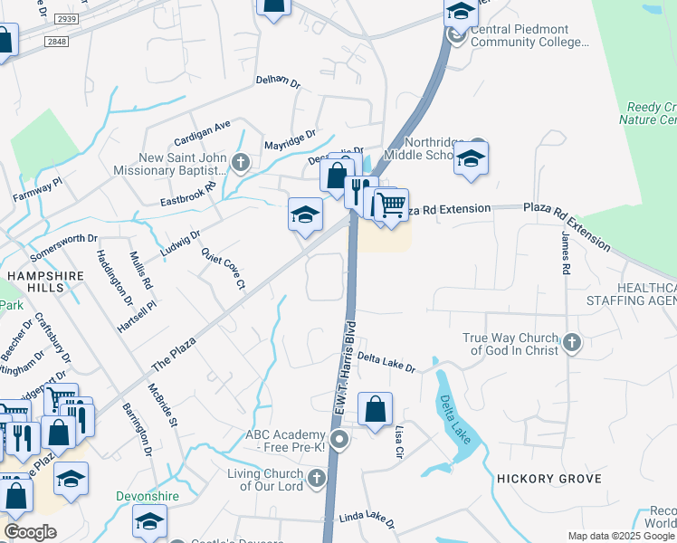 map of restaurants, bars, coffee shops, grocery stores, and more near 4400 John Penn Circle in Charlotte