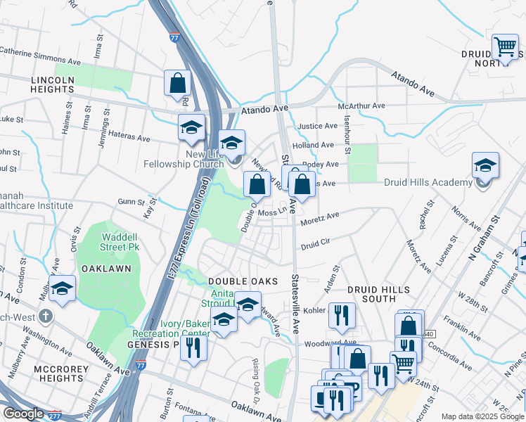 map of restaurants, bars, coffee shops, grocery stores, and more near 2537 Horne Drive in Charlotte