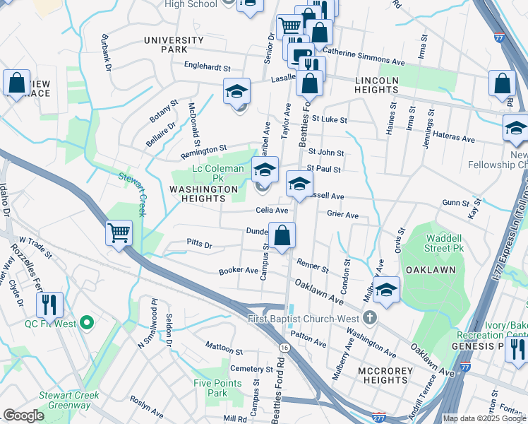 map of restaurants, bars, coffee shops, grocery stores, and more near 2305 Celia Avenue in Charlotte