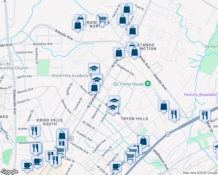map of restaurants, bars, coffee shops, grocery stores, and more near 2805 Bancroft Street in Charlotte