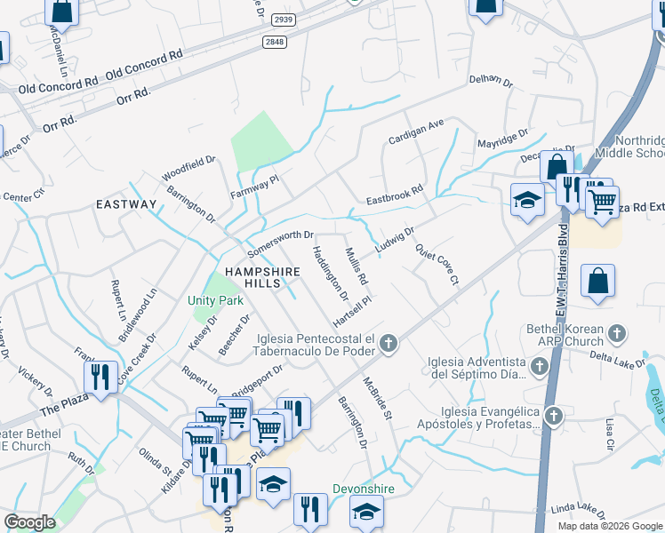 map of restaurants, bars, coffee shops, grocery stores, and more near 5843 Haddington Drive in Charlotte