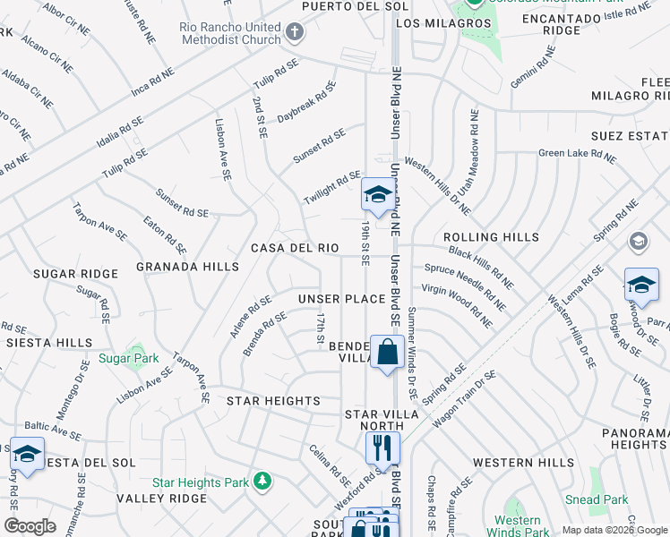 map of restaurants, bars, coffee shops, grocery stores, and more near 121 18th Street Southeast in Rio Rancho