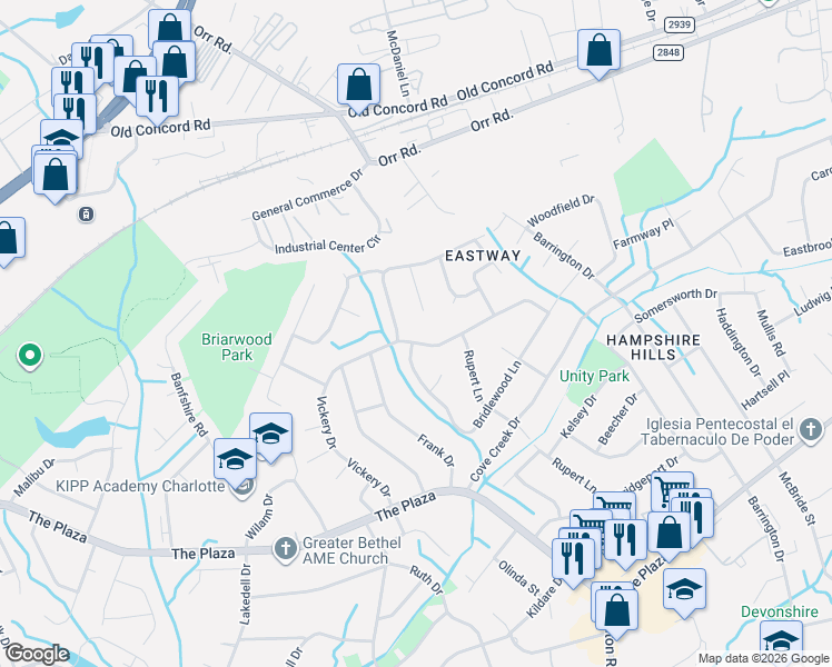 map of restaurants, bars, coffee shops, grocery stores, and more near 444 Vickery Drive in Charlotte