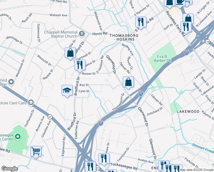 map of restaurants, bars, coffee shops, grocery stores, and more near 709 Key Street in Charlotte