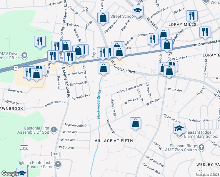 map of restaurants, bars, coffee shops, grocery stores, and more near 1919 Parkdale Avenue in Gastonia