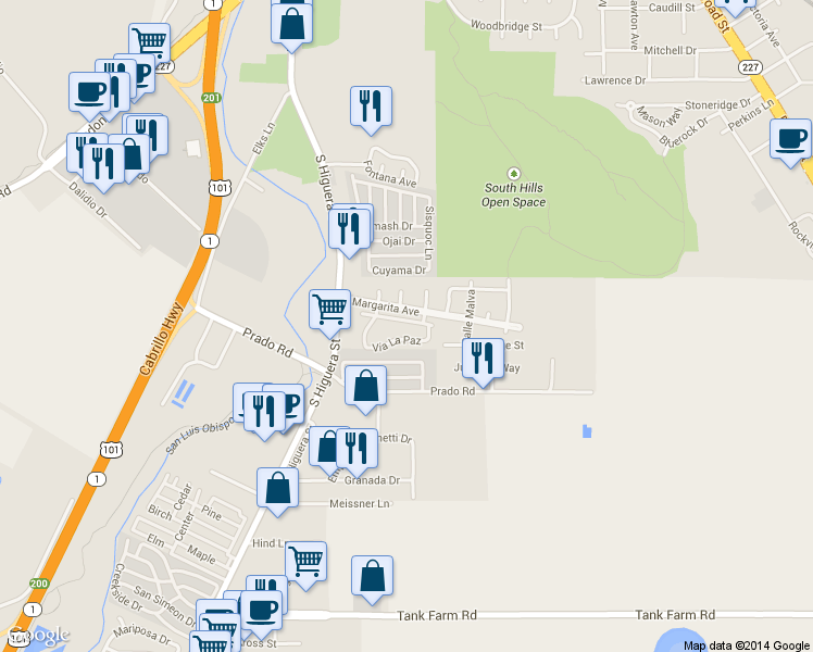 map of restaurants, bars, coffee shops, grocery stores, and more near 267 Via San Blas in San Luis Obispo