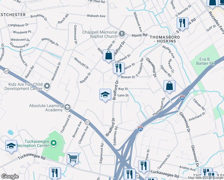 map of restaurants, bars, coffee shops, grocery stores, and more near 500 Bradford Drive in Charlotte