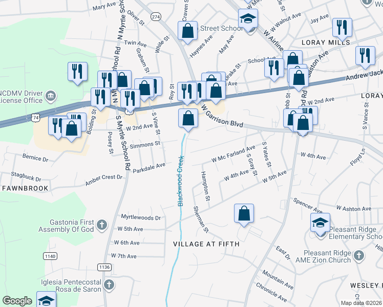 map of restaurants, bars, coffee shops, grocery stores, and more near 1931 Parkdale Avenue in Gastonia