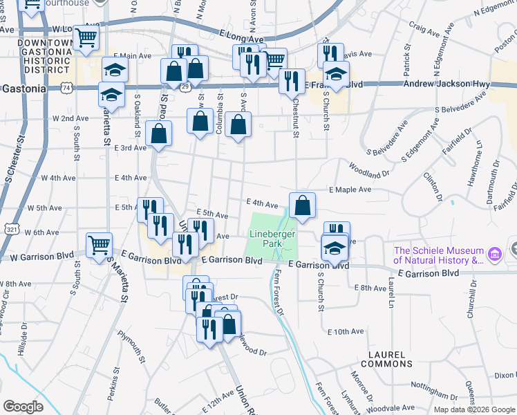 map of restaurants, bars, coffee shops, grocery stores, and more near 613 East 4th Avenue in Gastonia