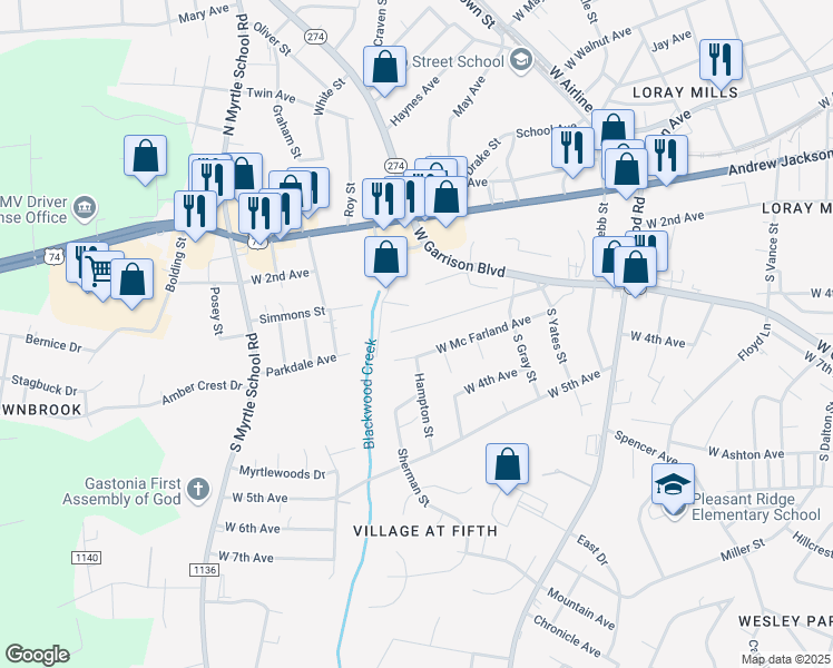 map of restaurants, bars, coffee shops, grocery stores, and more near 1905 Parkdale Avenue in Gastonia