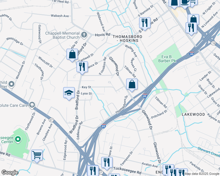 map of restaurants, bars, coffee shops, grocery stores, and more near 709 Key Street in Charlotte