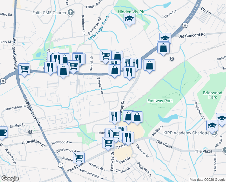 map of restaurants, bars, coffee shops, grocery stores, and more near 5039 Curtiswood Drive in Charlotte