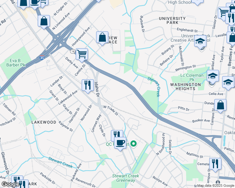 map of restaurants, bars, coffee shops, grocery stores, and more near 3400 Reno Avenue in Charlotte