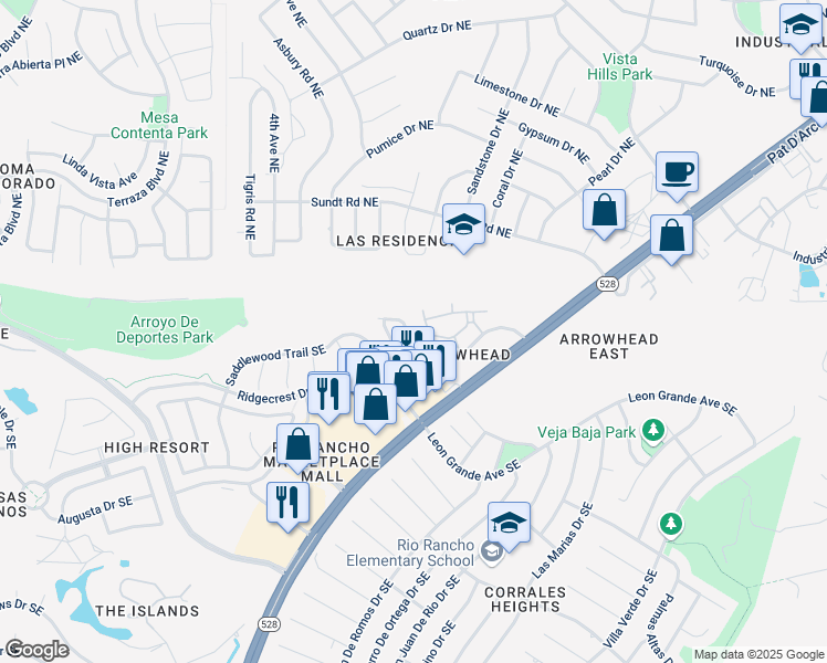 map of restaurants, bars, coffee shops, grocery stores, and more near 121 Riata Trail in Rio Rancho