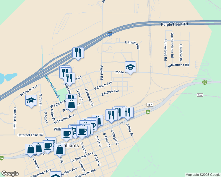 map of restaurants, bars, coffee shops, grocery stores, and more near 421 North Boyd Street in Williams