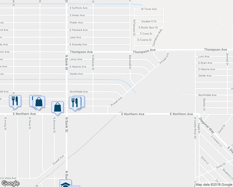 map of restaurants, bars, coffee shops, grocery stores, and more near 3194 Northfield Avenue in Kingman