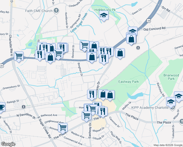 map of restaurants, bars, coffee shops, grocery stores, and more near 5045 Curtiswood Drive in Charlotte