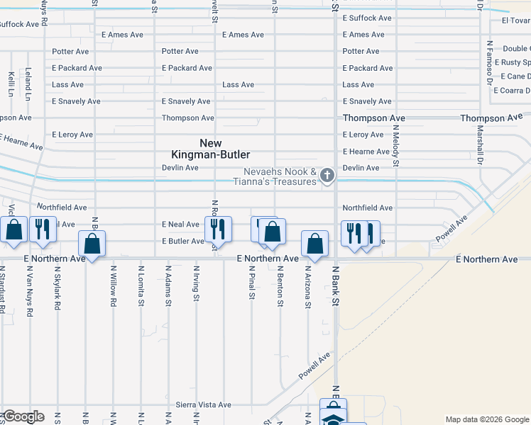 map of restaurants, bars, coffee shops, grocery stores, and more near 2735 Neal Avenue in Kingman