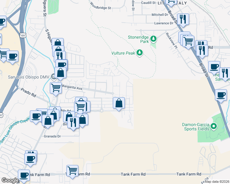 map of restaurants, bars, coffee shops, grocery stores, and more near 3243 Daisy Lane in San Luis Obispo