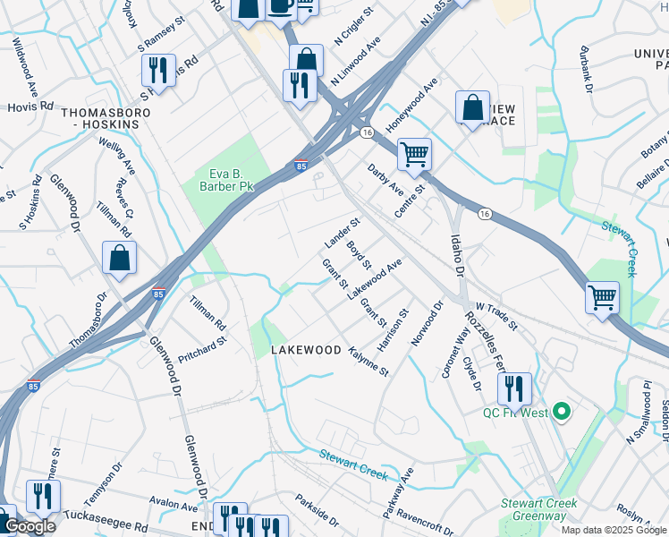 map of restaurants, bars, coffee shops, grocery stores, and more near 312 Oregon Street in Charlotte