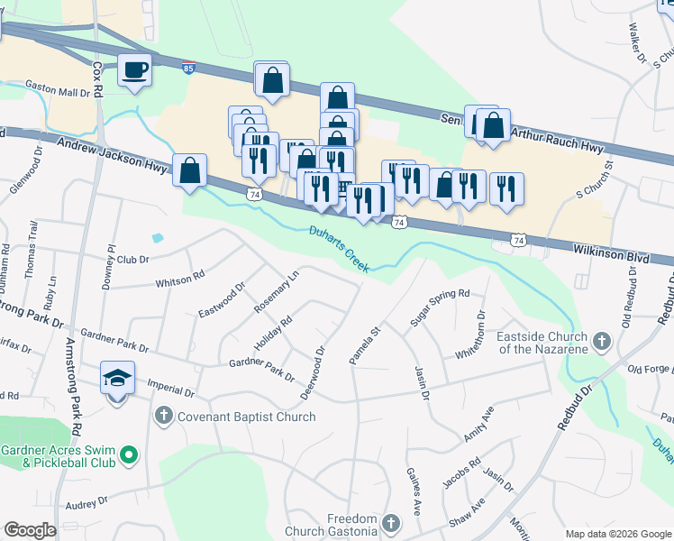map of restaurants, bars, coffee shops, grocery stores, and more near 320 Rosemary Lane in Gastonia