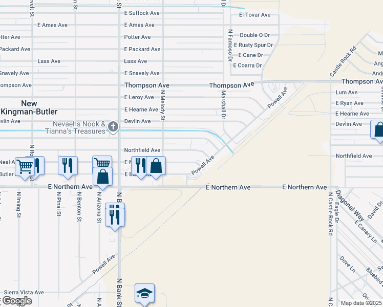 map of restaurants, bars, coffee shops, grocery stores, and more near 3171 Neal Avenue in Kingman