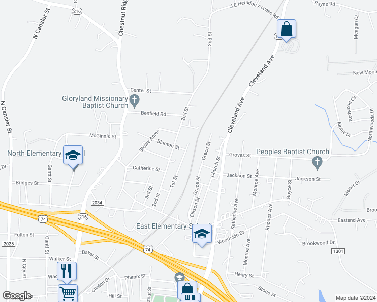 map of restaurants, bars, coffee shops, grocery stores, and more near 1000 1st Street in Kings Mountain