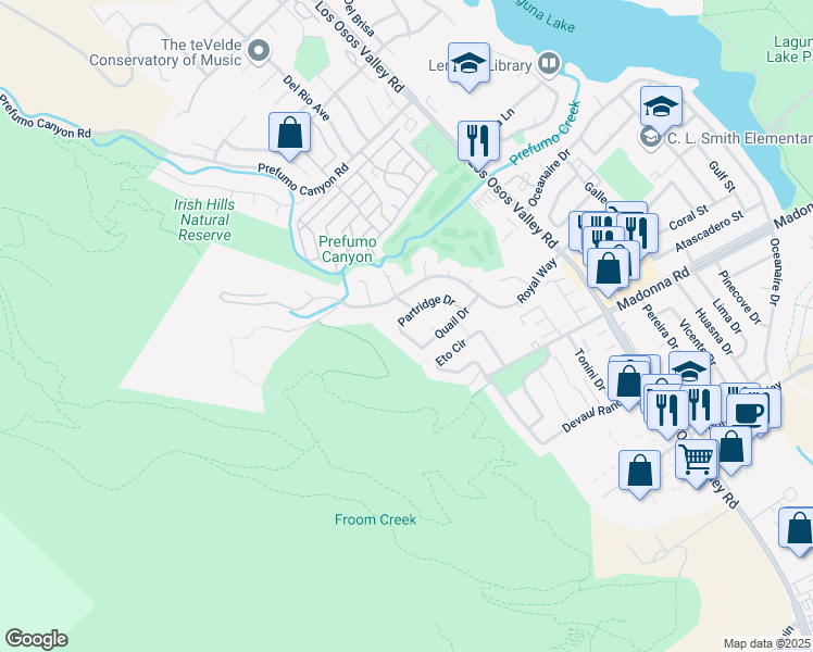 map of restaurants, bars, coffee shops, grocery stores, and more near 1942 Partridge Drive in San Luis Obispo