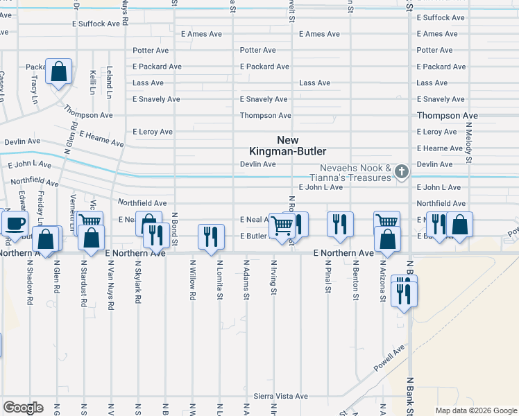 map of restaurants, bars, coffee shops, grocery stores, and more near 2435 Neal Avenue in Kingman