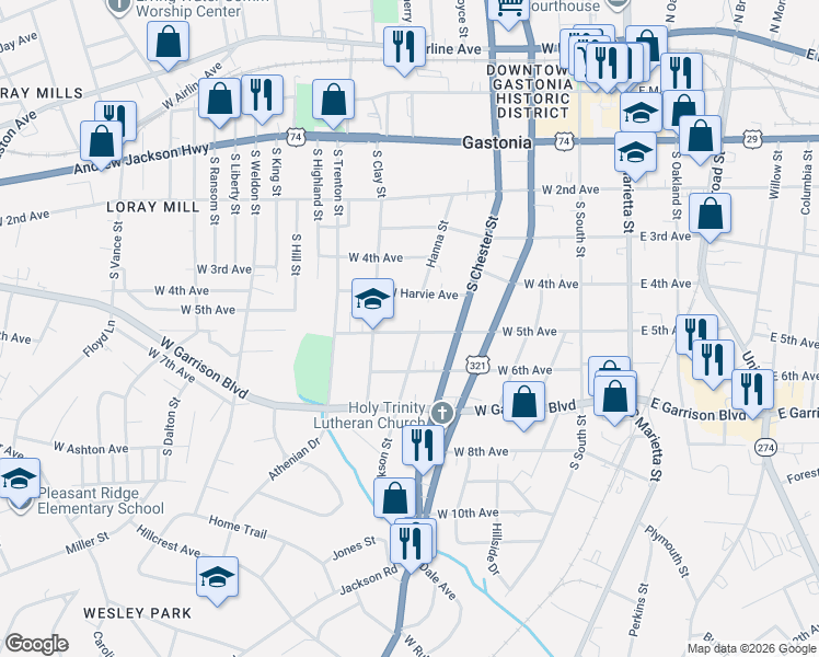 map of restaurants, bars, coffee shops, grocery stores, and more near 501 West 5th Avenue in Gastonia