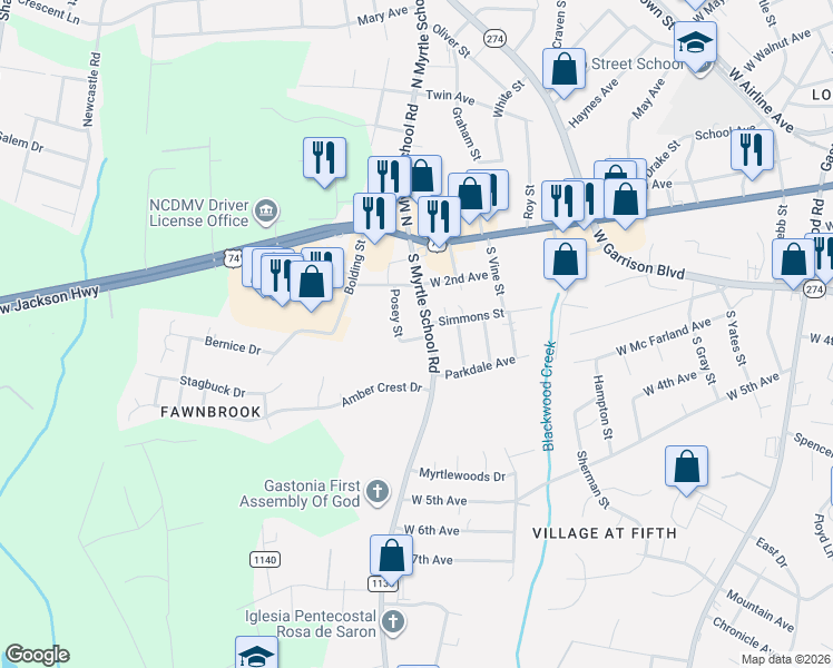 map of restaurants, bars, coffee shops, grocery stores, and more near 320 South Myrtle School Road in Gastonia