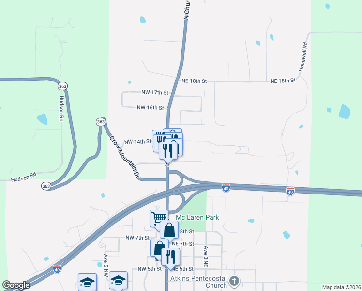 map of restaurants, bars, coffee shops, grocery stores, and more near 108 Northeast 14th Street in Atkins