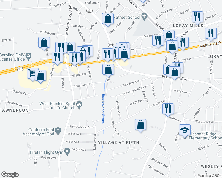 map of restaurants, bars, coffee shops, grocery stores, and more near 1935 Parkdale Avenue in Gastonia