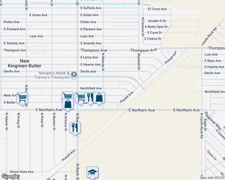 map of restaurants, bars, coffee shops, grocery stores, and more near 3150 Northfield Avenue in Kingman
