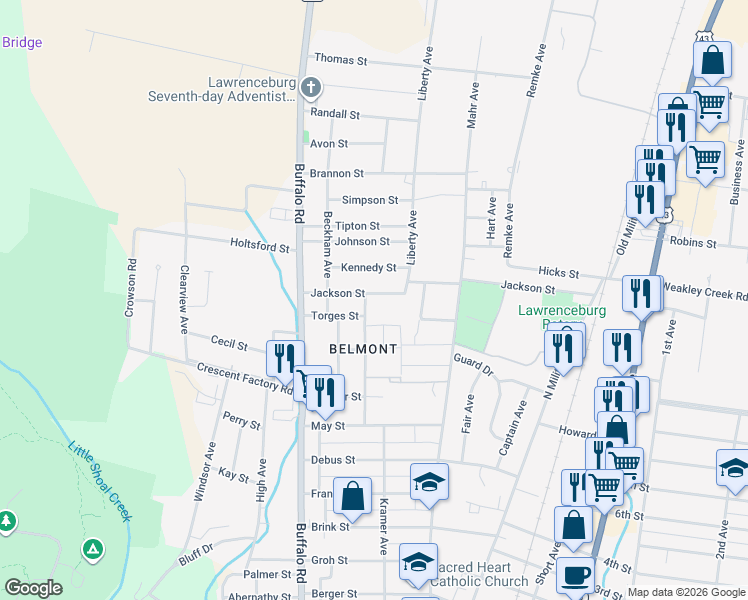 map of restaurants, bars, coffee shops, grocery stores, and more near 1032 Smith Avenue in Lawrenceburg