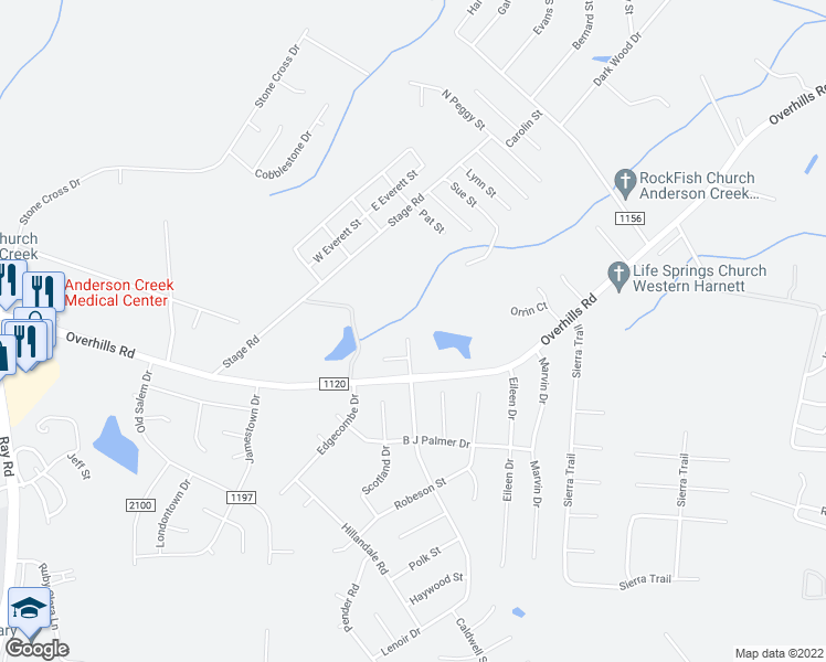 map of restaurants, bars, coffee shops, grocery stores, and more near 96 Jack Harris Lane in Spring Lake