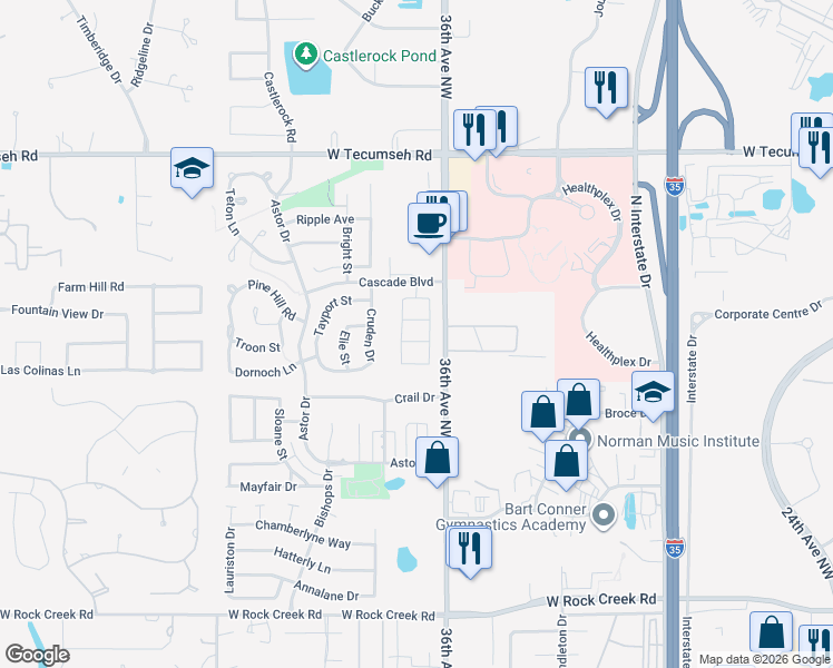 map of restaurants, bars, coffee shops, grocery stores, and more near 3609 Gullane Drive in Norman