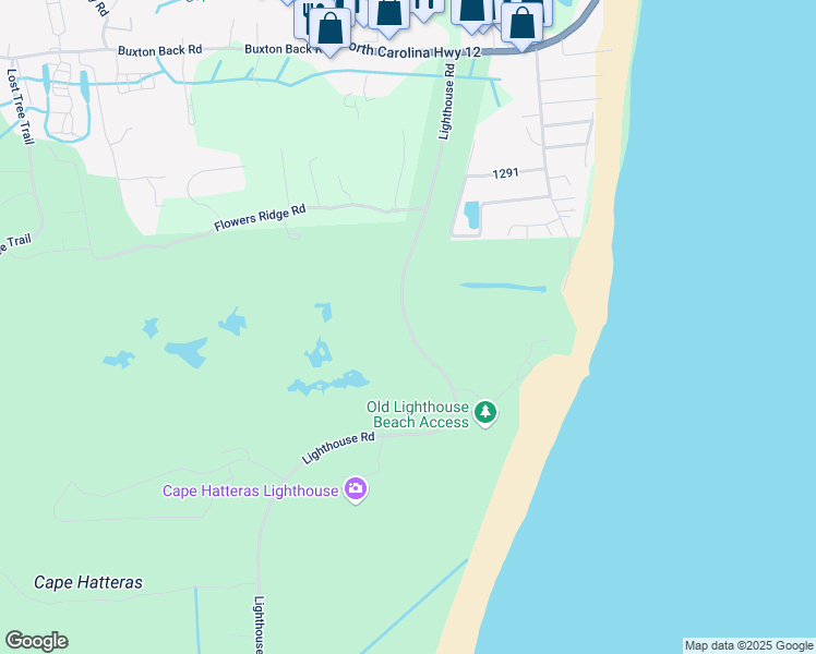 map of restaurants, bars, coffee shops, grocery stores, and more near Lighthouse Road in Buxton
