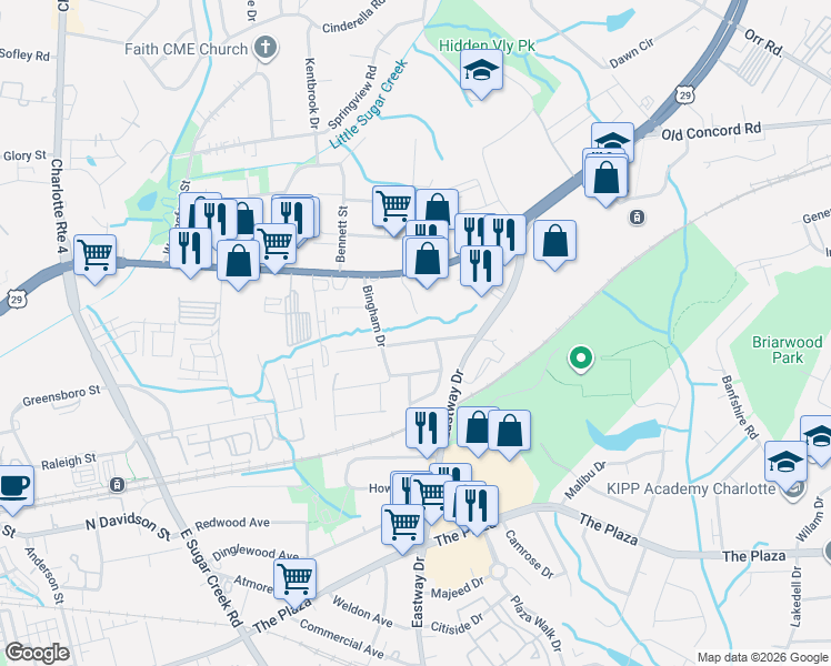 map of restaurants, bars, coffee shops, grocery stores, and more near 5039 Curtiswood Drive in Charlotte