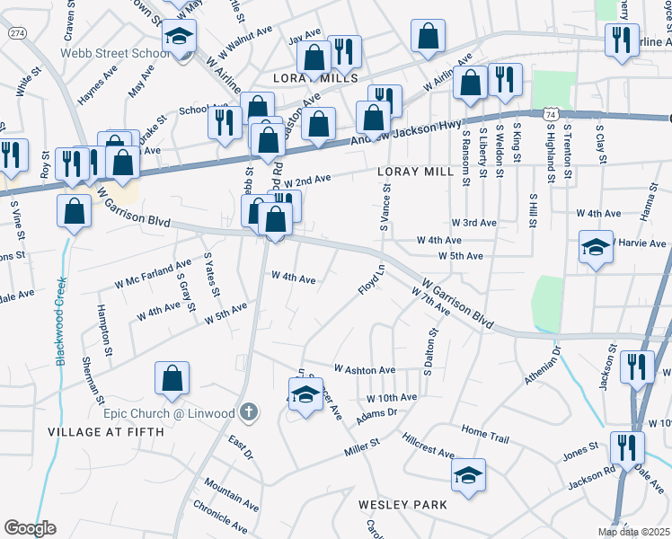 map of restaurants, bars, coffee shops, grocery stores, and more near 416 South Emerson Street in Gastonia