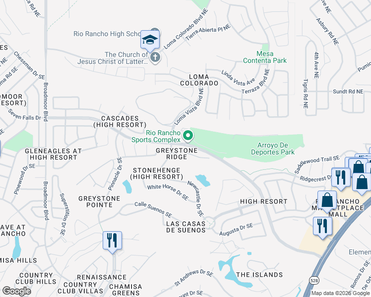 map of restaurants, bars, coffee shops, grocery stores, and more near 3613 Greystone Ridge Drive Southeast in Rio Rancho