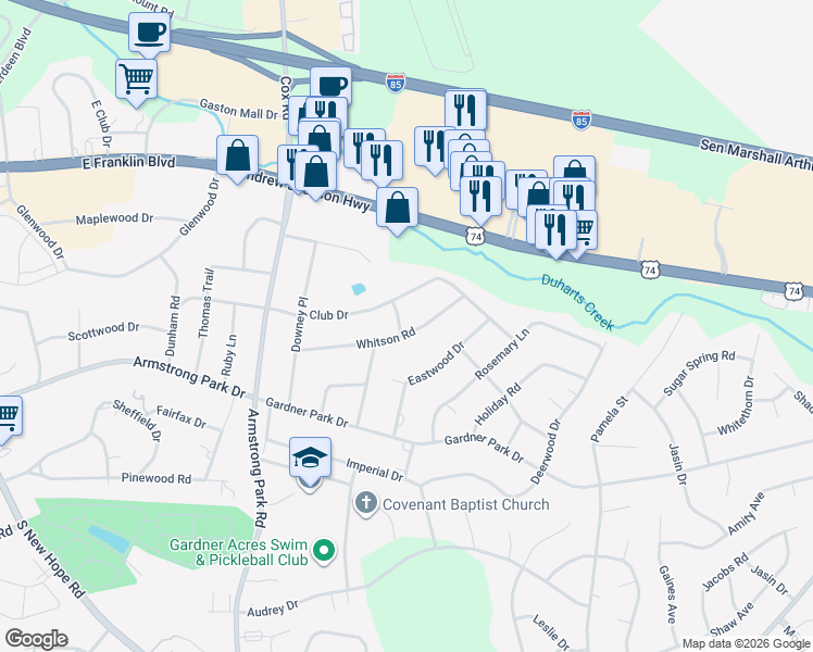map of restaurants, bars, coffee shops, grocery stores, and more near 3100 Whitson Road in Gastonia