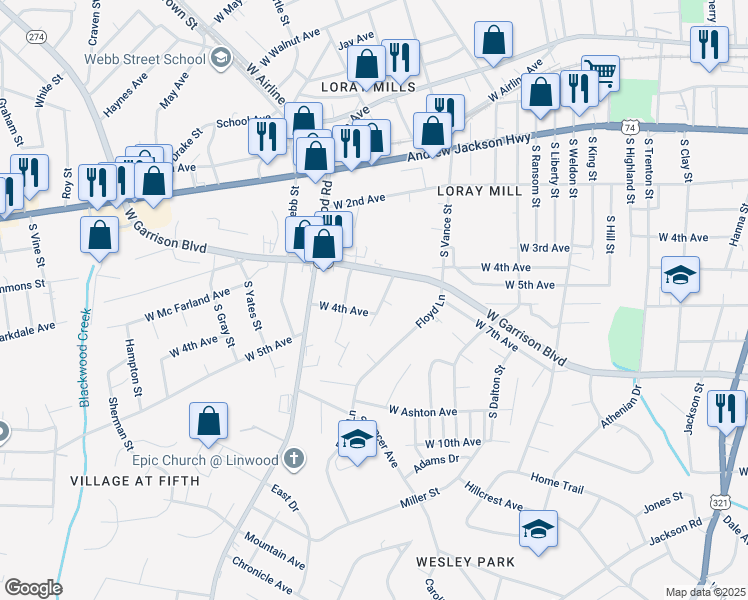 map of restaurants, bars, coffee shops, grocery stores, and more near 417 South Emerson Street in Gastonia