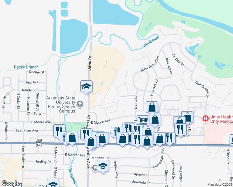 map of restaurants, bars, coffee shops, grocery stores, and more near 905 Greenwood Drive in Searcy