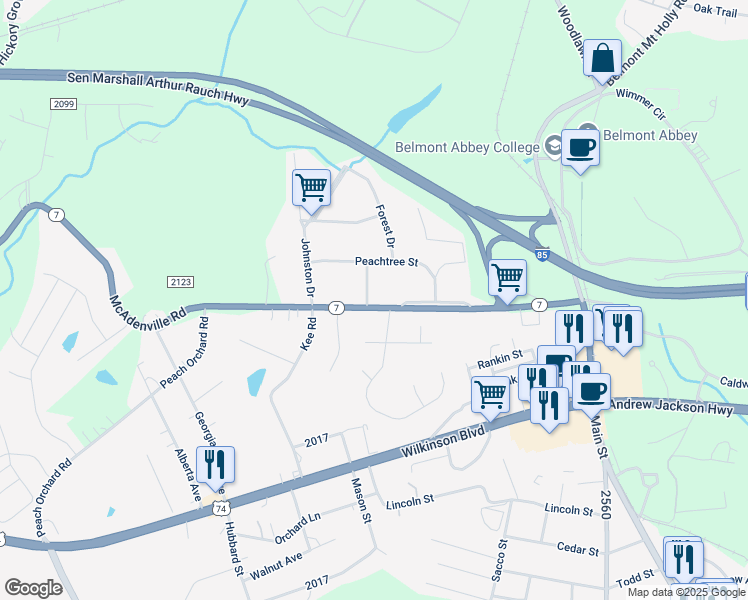 map of restaurants, bars, coffee shops, grocery stores, and more near 198 McAdenville Road in Belmont