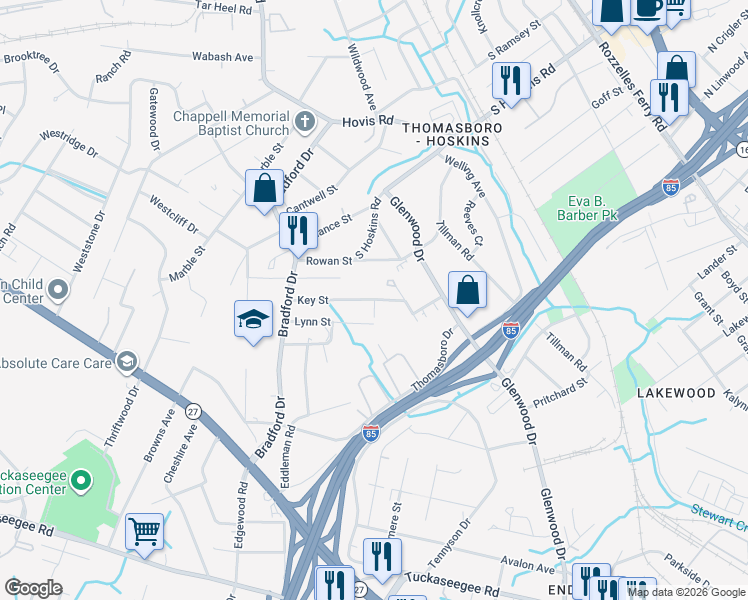 map of restaurants, bars, coffee shops, grocery stores, and more near 799 Key Street in Charlotte