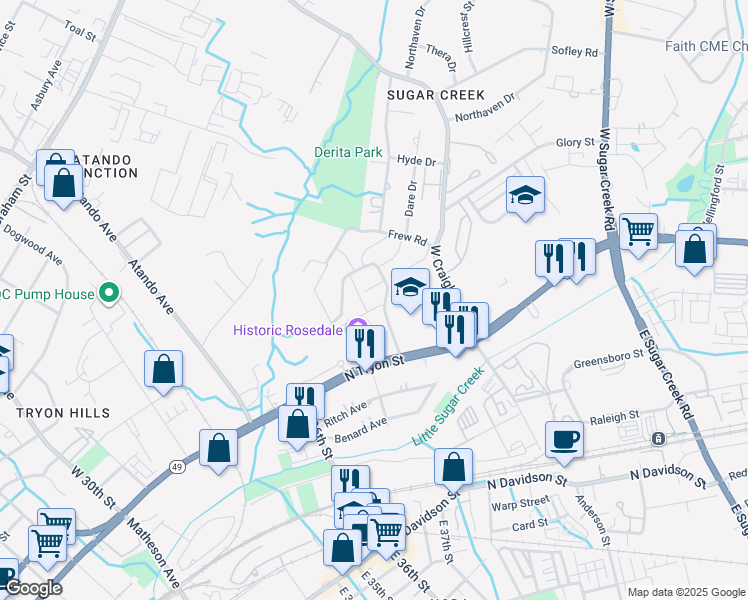 map of restaurants, bars, coffee shops, grocery stores, and more near 223 Hilo Drive in Charlotte