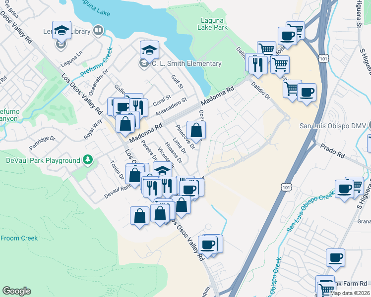 map of restaurants, bars, coffee shops, grocery stores, and more near 1864 Lima Drive in San Luis Obispo